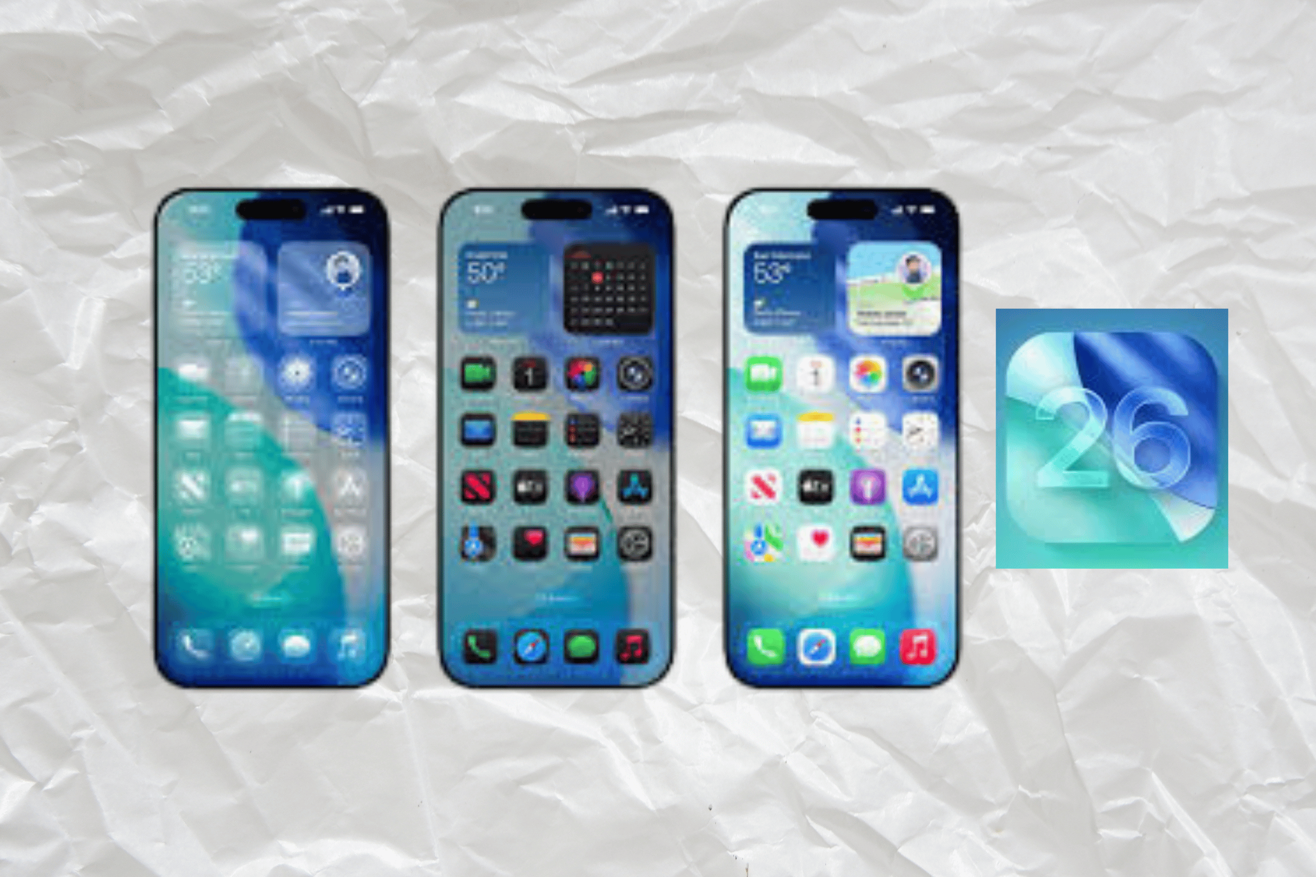 iOS 26 Liquid Glass on white background
