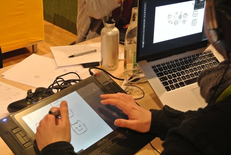 Drawing Cats on Wacom Intuos3 A5 graphics tablet - Global Game Jam Berlin 2014